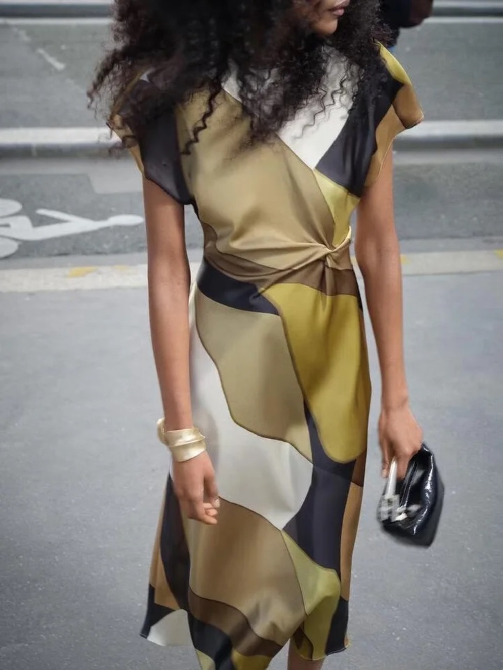 NWT Zara Printed Geo Satin Effect Twist-Waist Dress